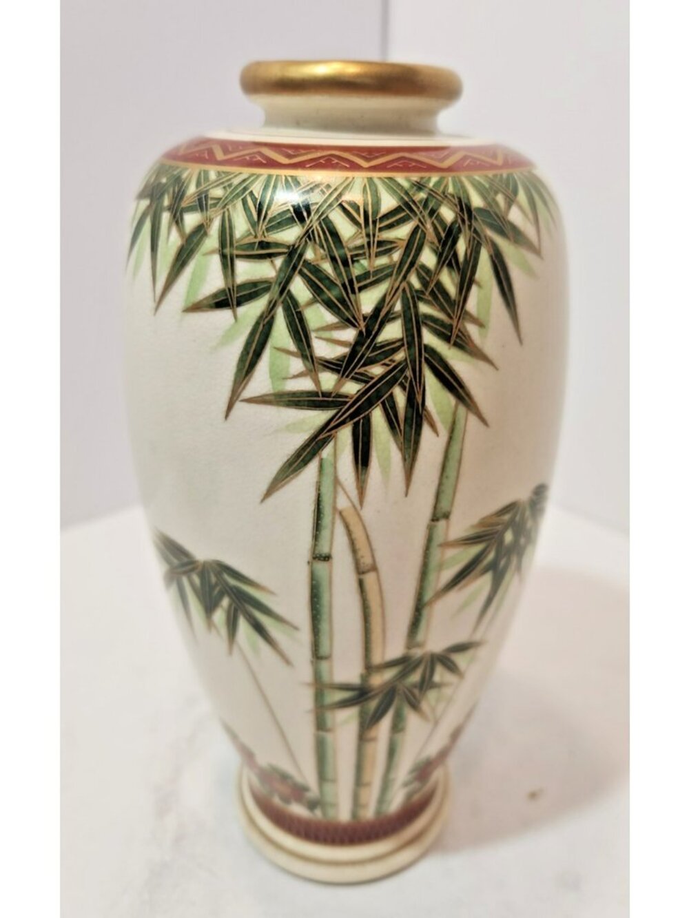 Antique Japanese Satsuma Bamboo Vase Meiji Taisho Period Gilt Ceramic Signed 8.5